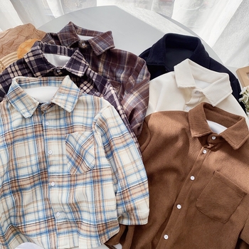 Dječja košulja od corduroya s dugim rukavima, ovratnik tip lapel, za dječake 3–8 godina, uzorci pruge/ grid/ jednobojna, Korejski stil, mekan materijal