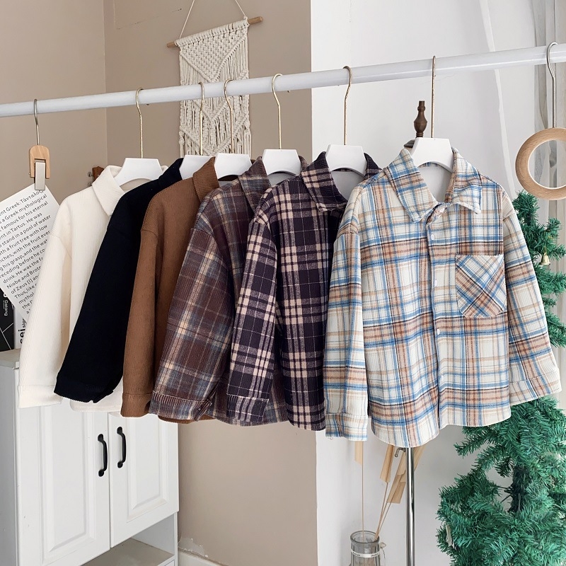 Dječja košulja od corduroya s dugim rukavima, ovratnik tip lapel, za dječake 3–8 godina, uzorci pruge/ grid/ jednobojna, Korejski stil, mekan materijal