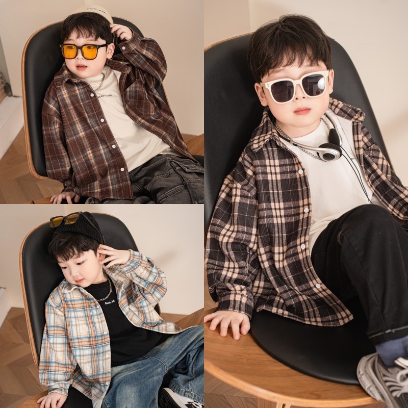 Dječja košulja od corduroya s dugim rukavima, ovratnik tip lapel, za dječake 3–8 godina, uzorci pruge/ grid/ jednobojna, Korejski stil, mekan materijal