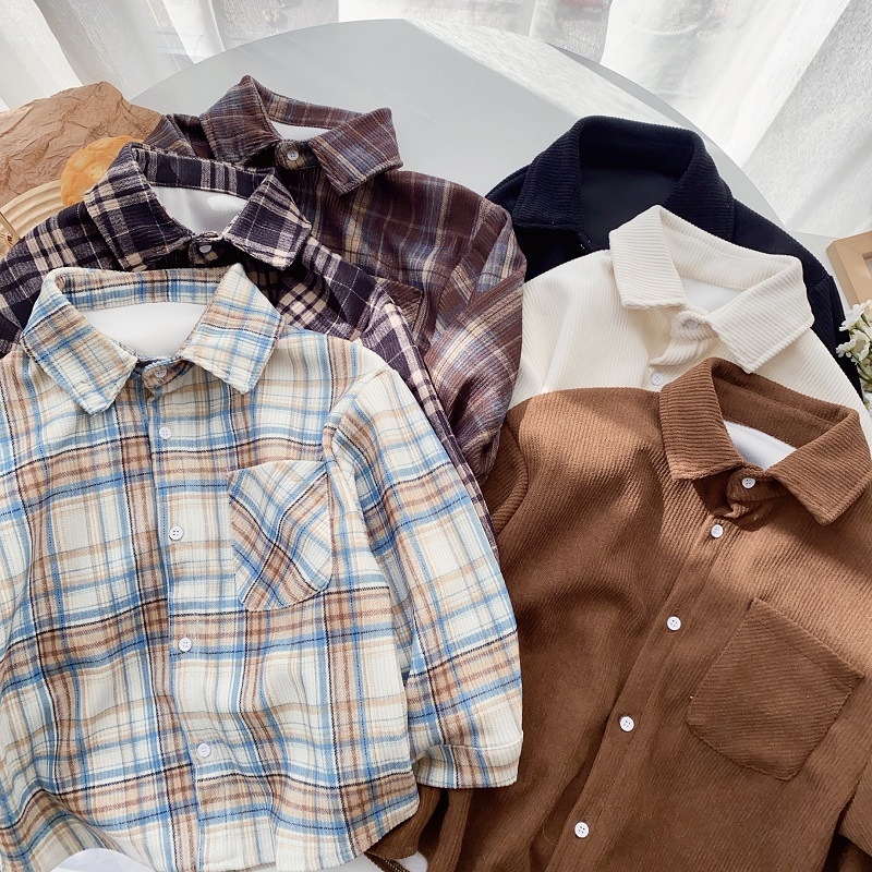 Dječja košulja od corduroya s dugim rukavima, ovratnik tip lapel, za dječake 3–8 godina, uzorci pruge/ grid/ jednobojna, Korejski stil, mekan materijal