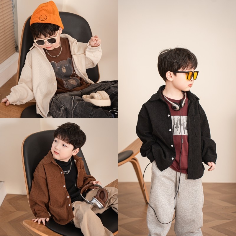 Dječja košulja od corduroya s dugim rukavima, ovratnik tip lapel, za dječake 3–8 godina, uzorci pruge/ grid/ jednobojna, Korejski stil, mekan materijal
