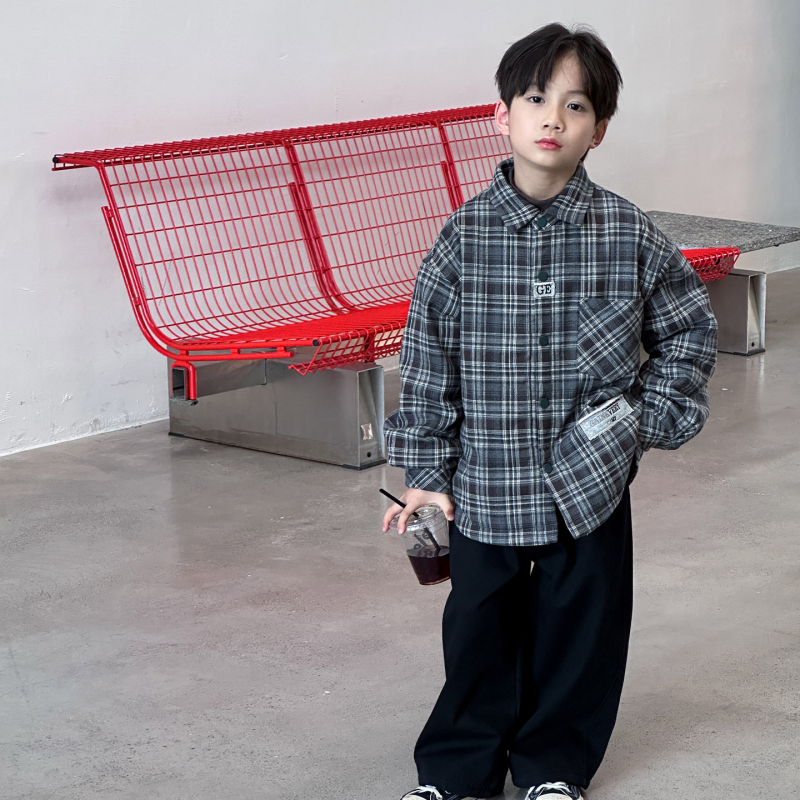 Cămașă pentru băieți cu căptușire, în dungi, stil coreean, mâneci lungi, iarna 2025