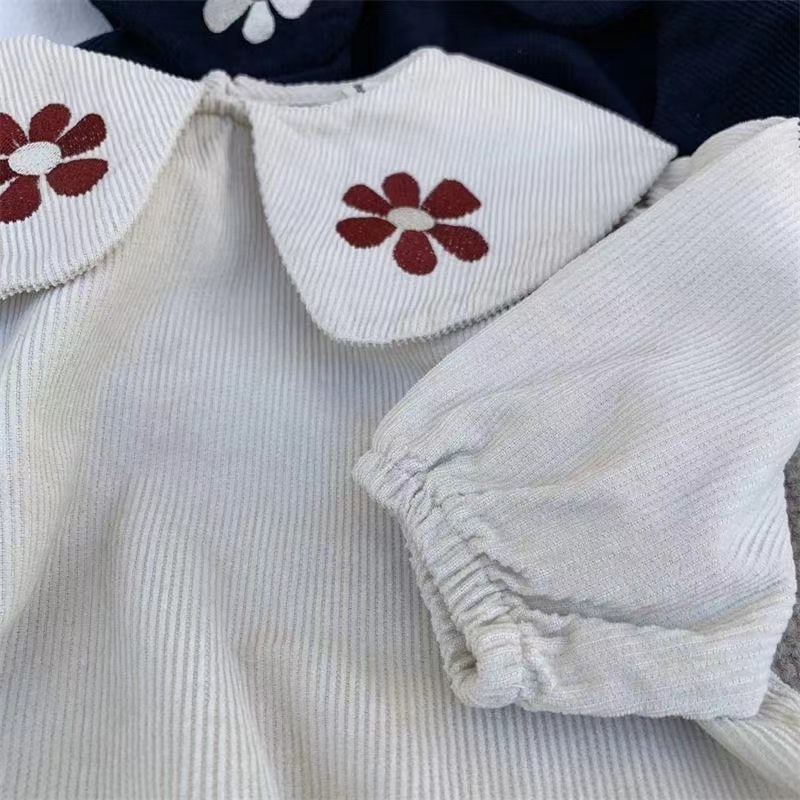Dječja pamuk košulja s ovratnikom poput lotosovog lista, velika šivana cvijet, dugi pufasti rukavi, korejski stil, za uzrast 1–3 godine, proljeće i jesen