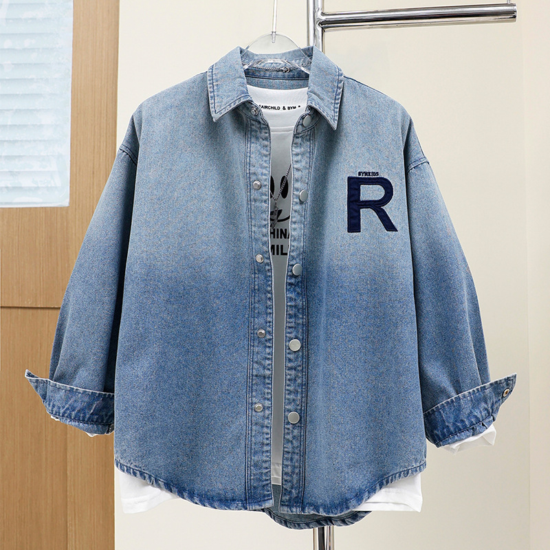 Дънково яке-риза за момчета, дълги ръкави, яка лацпол, 65% памук 35% полиестер, пролетен стил