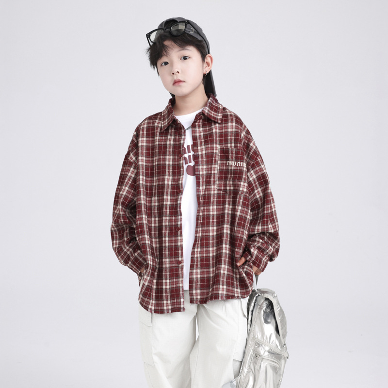 Koreai stílusú gyerekeknek készült kockás hosszú ujjú ing, tavasz–őszre