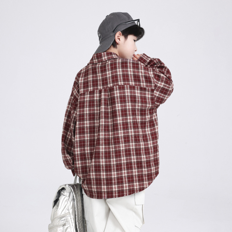 Koreai stílusú gyerekeknek készült kockás hosszú ujjú ing, tavasz–őszre