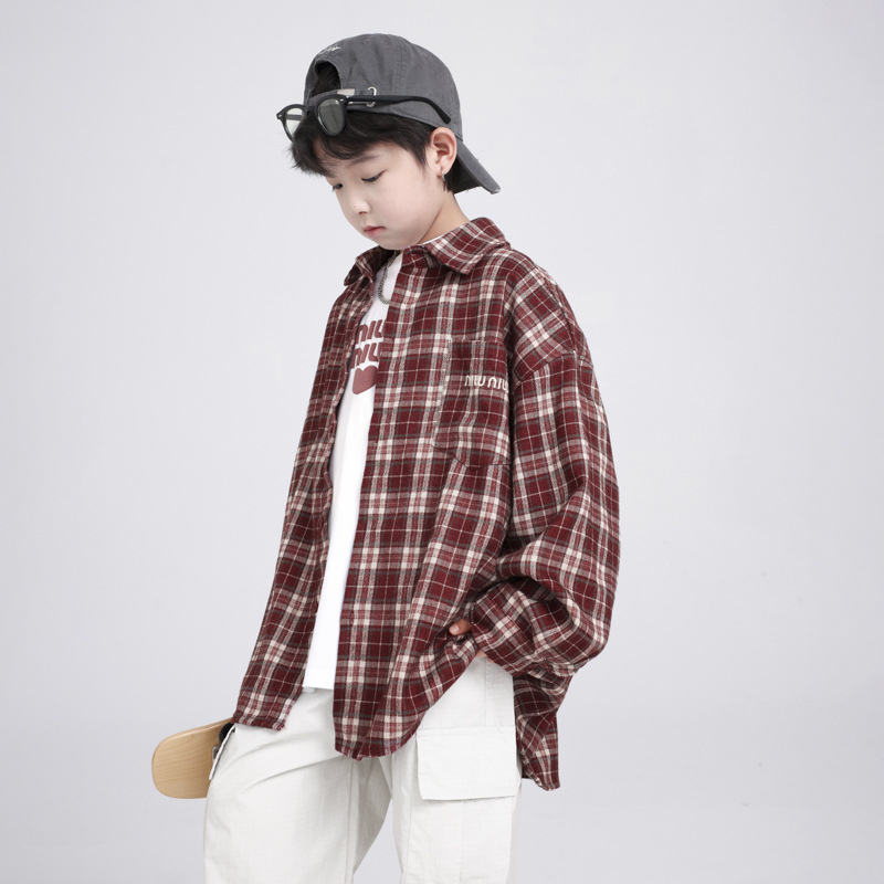 Koreai stílusú gyerekeknek készült kockás hosszú ujjú ing, tavasz–őszre