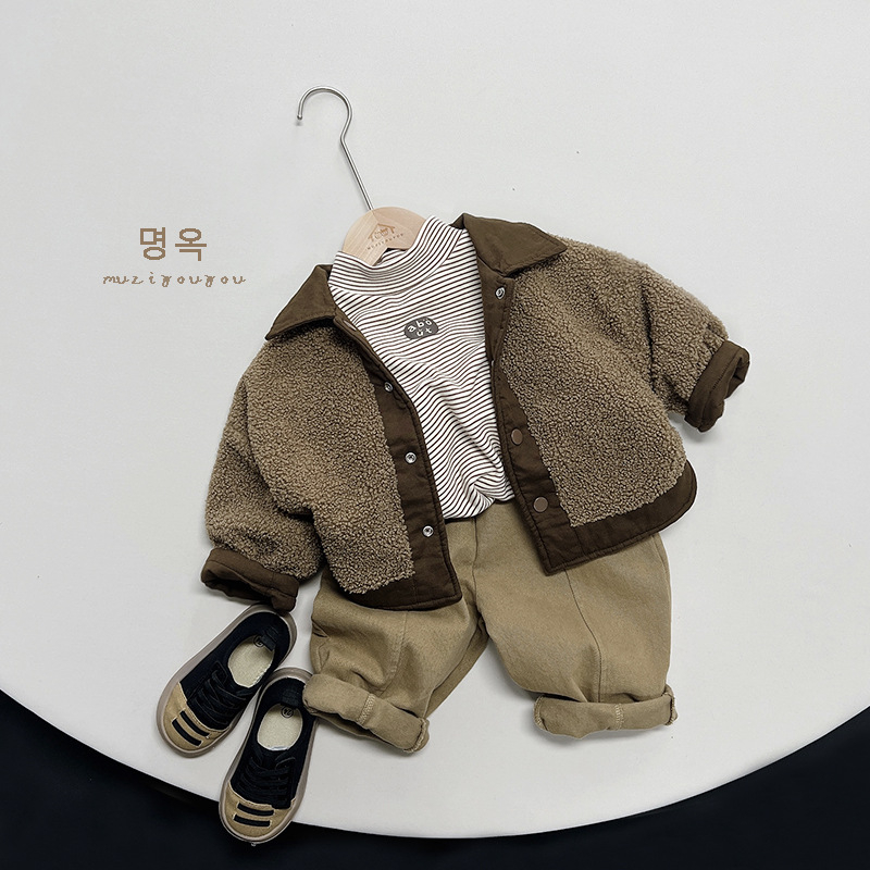 Dječja reverzibilna košulja s flis podstavom, korejski Mori retro stil, 100% pamuk, dugi rukavi, ovratnik lapel, topla za zimu, uzrast 3–8 godina