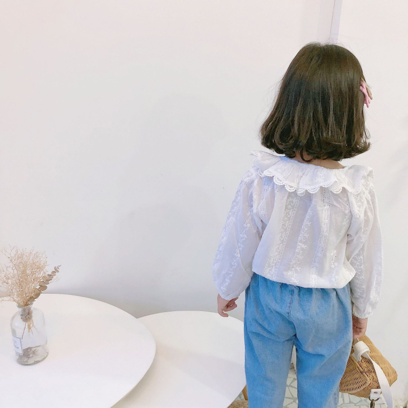 Lányoknak szóló hosszú ujjú pamut felső, kerek nyakkal, virágos mintával, Koreai stílus, tavasz–őszre