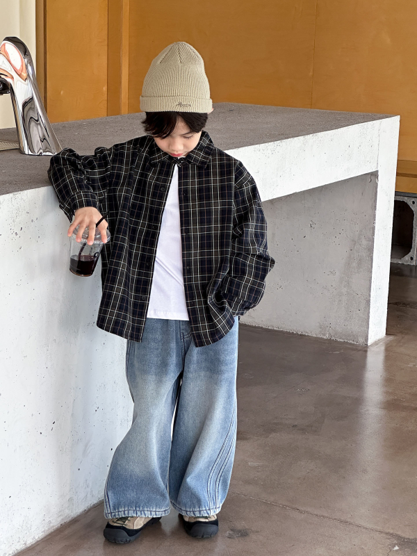 Dječja muška flis karirana košulja s dugim rukavima, ovratnik u stilu lapel, korejski stil, zima/jesen