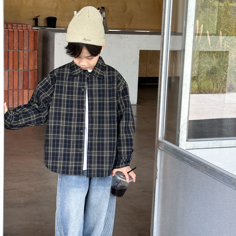 Dječja muška flis karirana košulja s dugim rukavima, ovratnik u stilu lapel, korejski stil, zima/jesen
