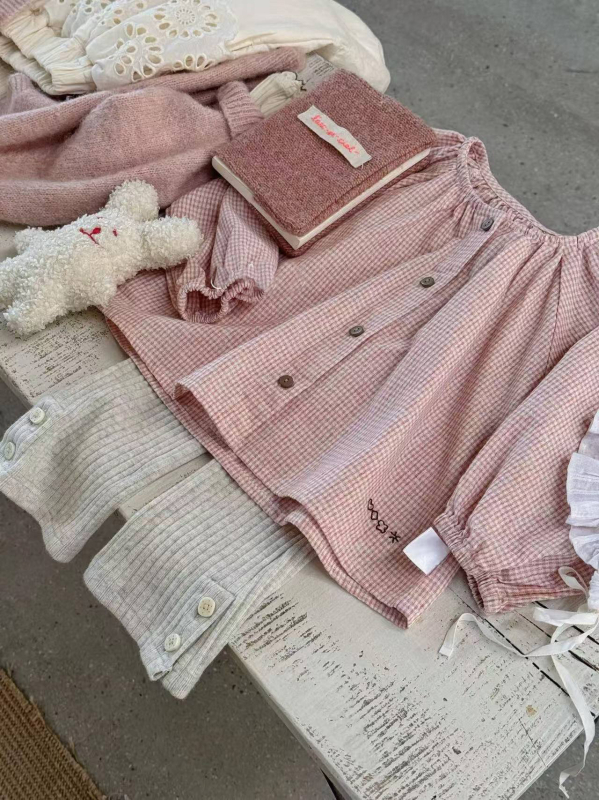 Dječja košulja za djevojčice s jednodijelnim zatvaranjem, jesenji korejski stil, karirana pamuk top s dugim rukavima i okruglim ovratnikom, za uzrast 1–3 godine