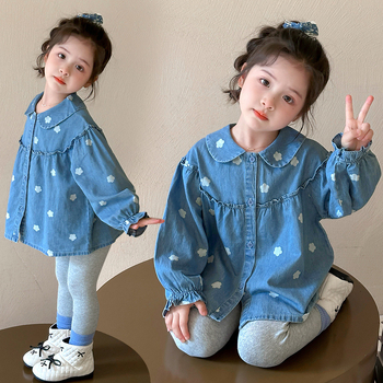 Lányoknak szóló denim ing virágos mintával, koreai stílus, hosszú ujjú, gallér, 3–8 év, tavasz–ősz