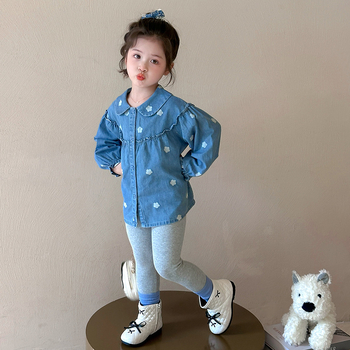 Lányoknak szóló denim ing virágos mintával, koreai stílus, hosszú ujjú, gallér, 3–8 év, tavasz–ősz