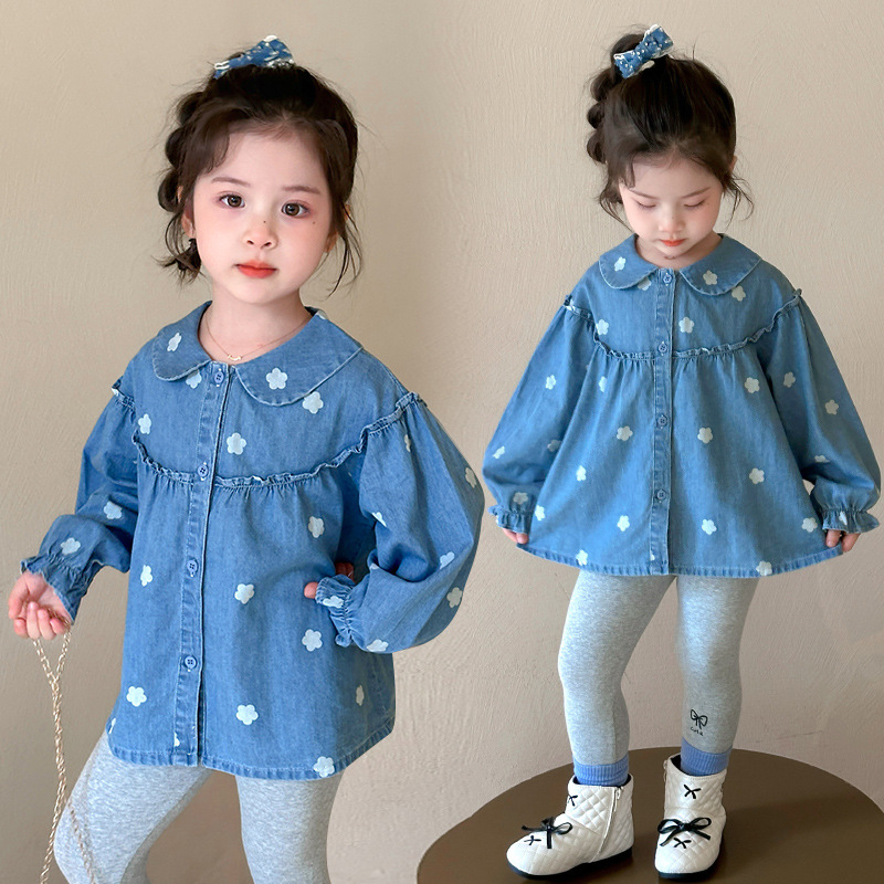 Lányoknak szóló denim ing virágos mintával, koreai stílus, hosszú ujjú, gallér, 3–8 év, tavasz–ősz