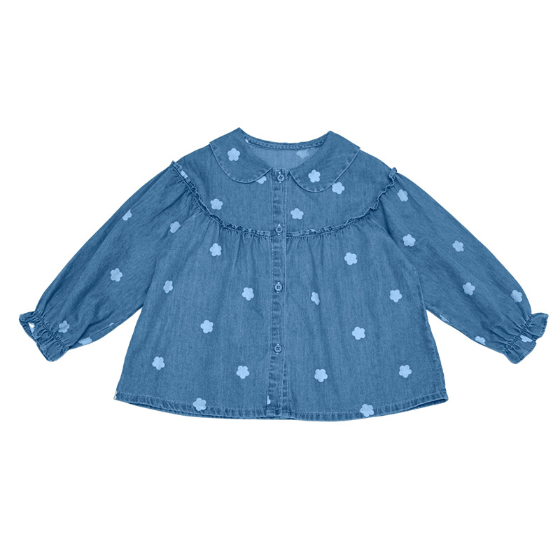 Lányoknak szóló denim ing virágos mintával, koreai stílus, hosszú ujjú, gallér, 3–8 év, tavasz–ősz