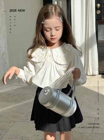 Tüdrukutele sobiv 100% puuvillane pluus, pikkade varrukatega, lape krae, kevad 2025, alates 8-aastastest