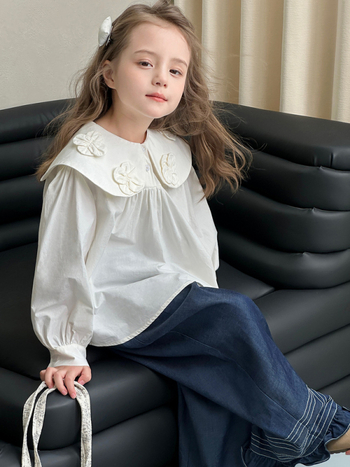 Tüdrukutele sobiv 100% puuvillane pluus, pikkade varrukatega, lape krae, kevad 2025, alates 8-aastastest