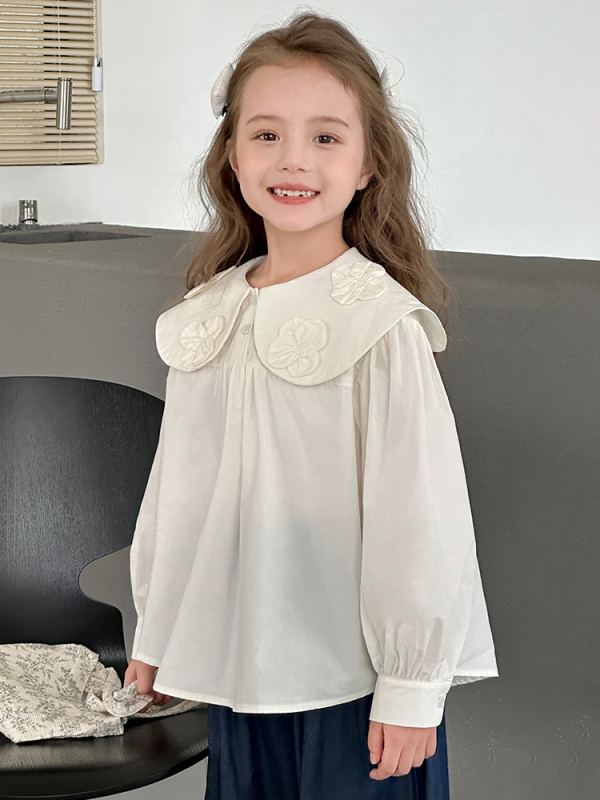 Tüdrukutele sobiv 100% puuvillane pluus, pikkade varrukatega, lape krae, kevad 2025, alates 8-aastastest