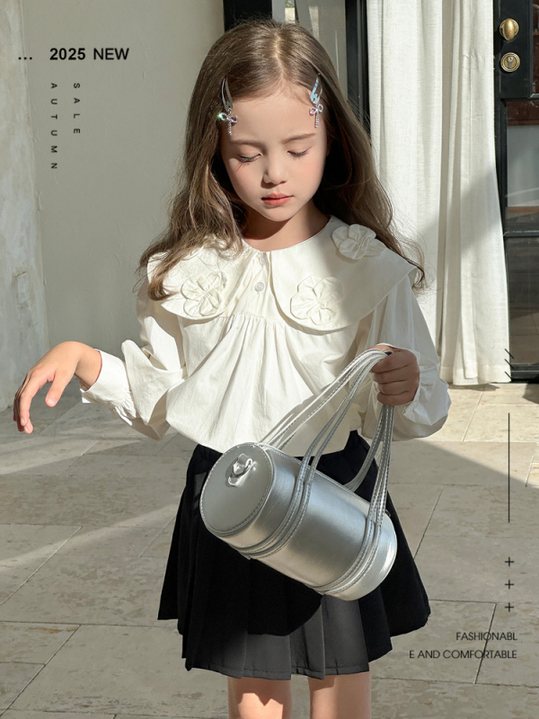 Tüdrukutele sobiv 100% puuvillane pluus, pikkade varrukatega, lape krae, kevad 2025, alates 8-aastastest