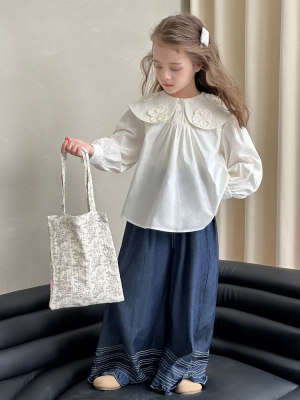 Tüdrukutele sobiv 100% puuvillane pluus, pikkade varrukatega, lape krae, kevad 2025, alates 8-aastastest