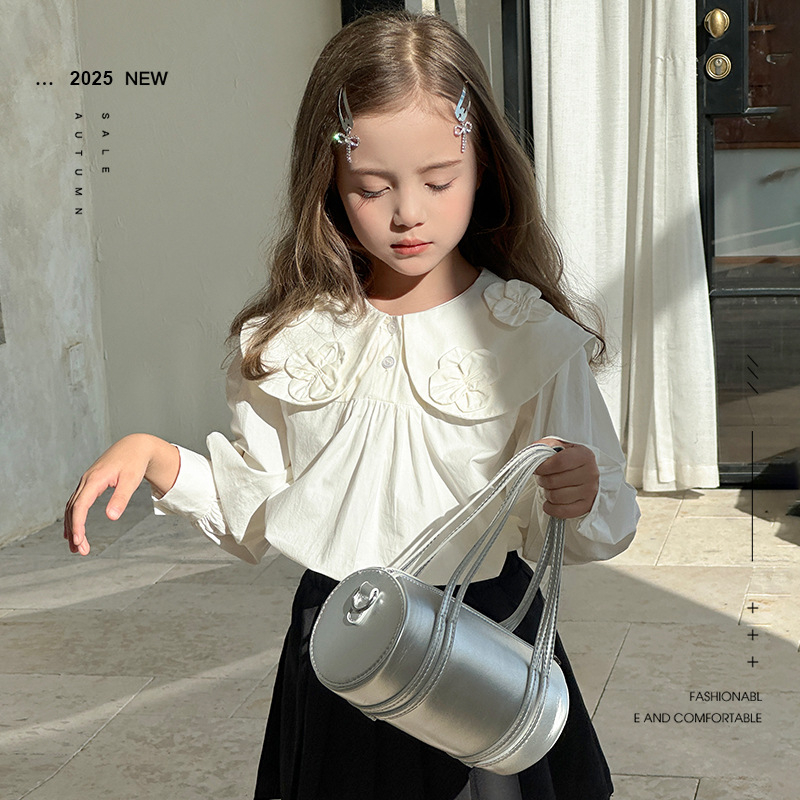 Tüdrukutele sobiv 100% puuvillane pluus, pikkade varrukatega, lape krae, kevad 2025, alates 8-aastastest