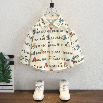 Cămașă pentru copii cu imprimeu complet din dinozaur cu litere, mâneci lungi, finisaj moale, 90% bumbac, pentru copii 3–8 ani