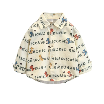 Cămașă pentru copii cu imprimeu complet din dinozaur cu litere, mâneci lungi, finisaj moale, 90% bumbac, pentru copii 3–8 ani