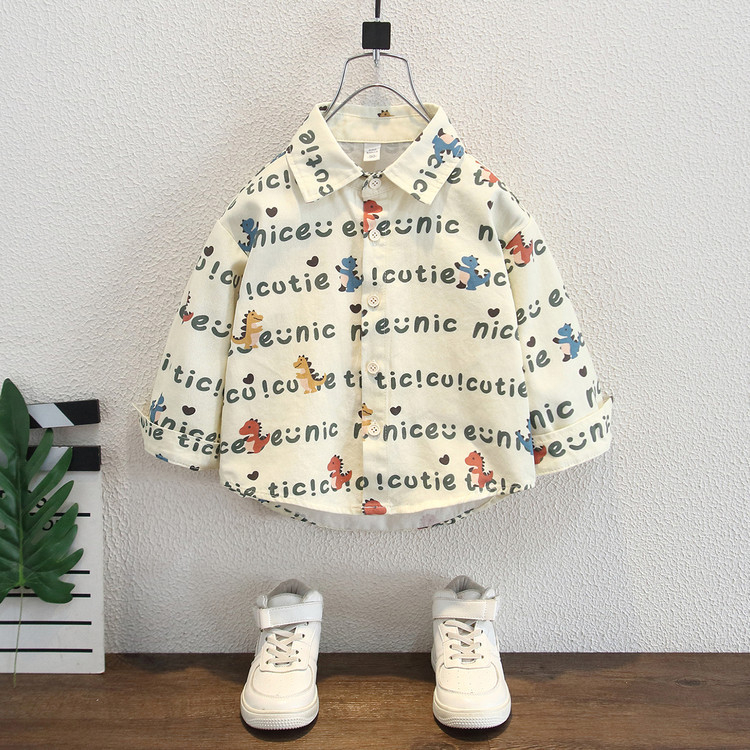 Cămașă pentru copii cu imprimeu complet din dinozaur cu litere, mâneci lungi, finisaj moale, 90% bumbac, pentru copii 3–8 ani