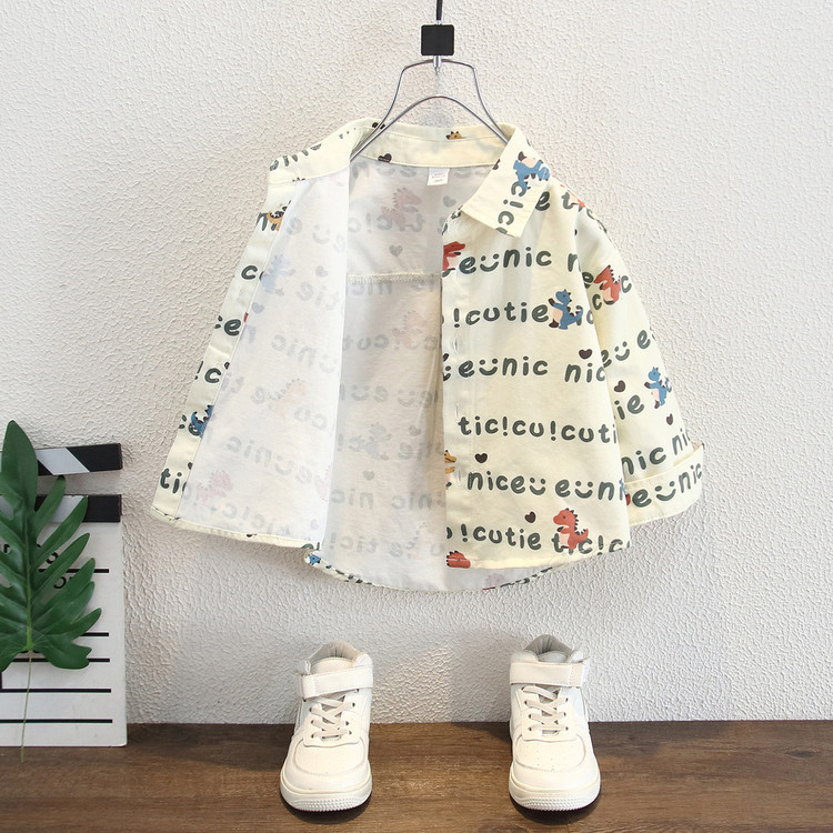 Cămașă pentru copii cu imprimeu complet din dinozaur cu litere, mâneci lungi, finisaj moale, 90% bumbac, pentru copii 3–8 ani