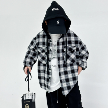 Dječja karirana košulja-jakna, korejski stil, ovratnik tip Lapel, 80% pamuk, jesen 2025