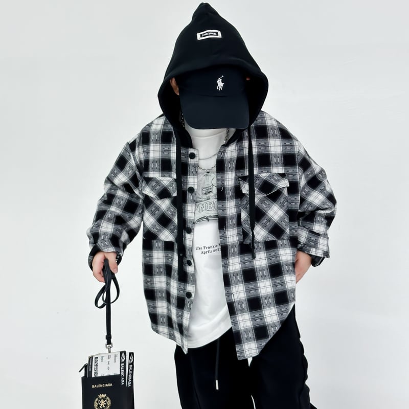 Dječja karirana košulja-jakna, korejski stil, ovratnik tip Lapel, 80% pamuk, jesen 2025
