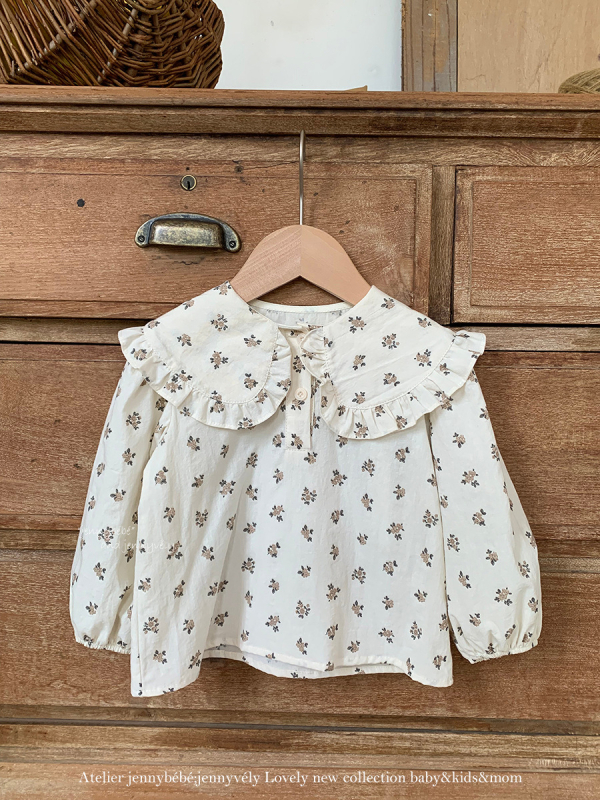 Beebitüdrukute puuvillane särk - Korea stiilis, lilleline ääristus kaeluses, pikkade varrukatega, 100% puuvill, 1–3 aastat