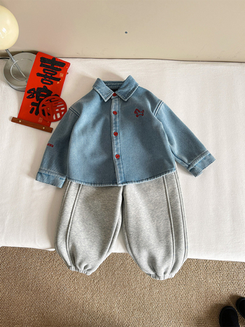 Dječja denims košulja s izvezenim ponyjem – japansko-korejski stil, fleece podstava, dugi rukav, unisex, uzrast 3–8 godina, zima 2025