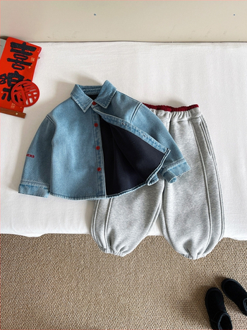 Dječja denims košulja s izvezenim ponyjem – japansko-korejski stil, fleece podstava, dugi rukav, unisex, uzrast 3–8 godina, zima 2025