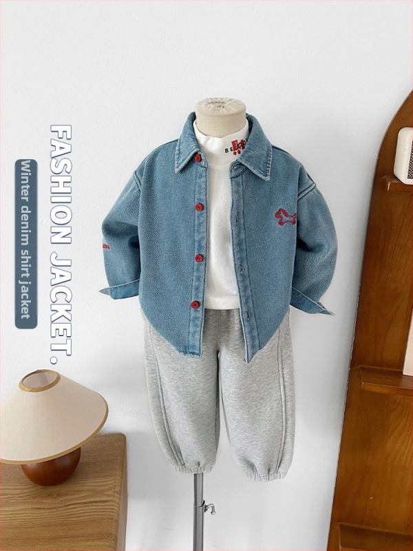 Dječja denims košulja s izvezenim ponyjem – japansko-korejski stil, fleece podstava, dugi rukav, unisex, uzrast 3–8 godina, zima 2025