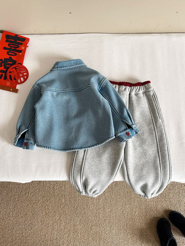 Dječja denims košulja s izvezenim ponyjem – japansko-korejski stil, fleece podstava, dugi rukav, unisex, uzrast 3–8 godina, zima 2025