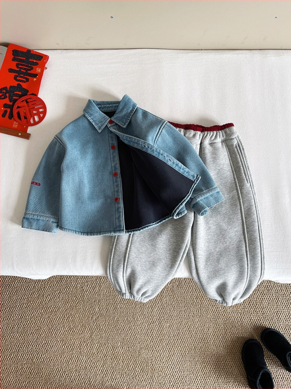 Dječja denims košulja s izvezenim ponyjem – japansko-korejski stil, fleece podstava, dugi rukav, unisex, uzrast 3–8 godina, zima 2025