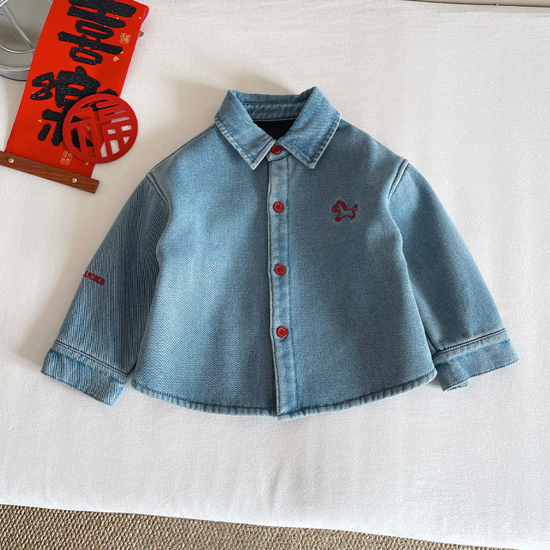 Dječja denims košulja s izvezenim ponyjem – japansko-korejski stil, fleece podstava, dugi rukav, unisex, uzrast 3–8 godina, zima 2025