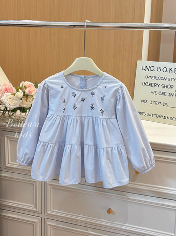 Cămașă de fetițe din bumbac, mânecă lungă, cusături cu mici flori, guler rotund, stil casual, primăvara 2025