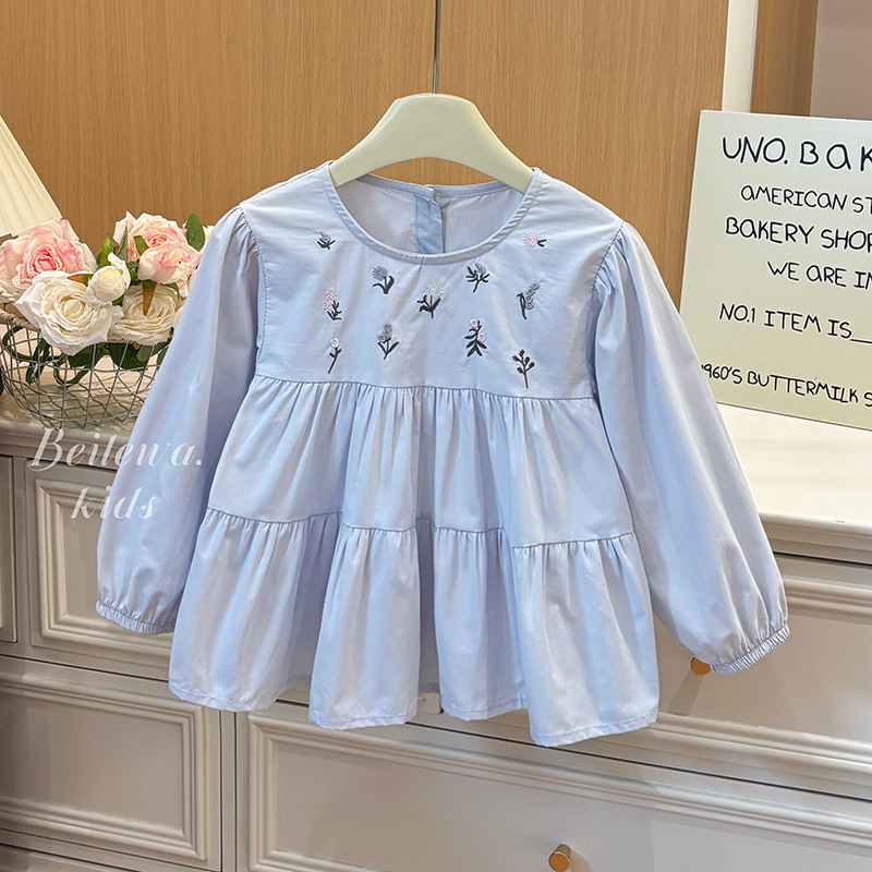 Cămașă de fetițe din bumbac, mânecă lungă, cusături cu mici flori, guler rotund, stil casual, primăvara 2025