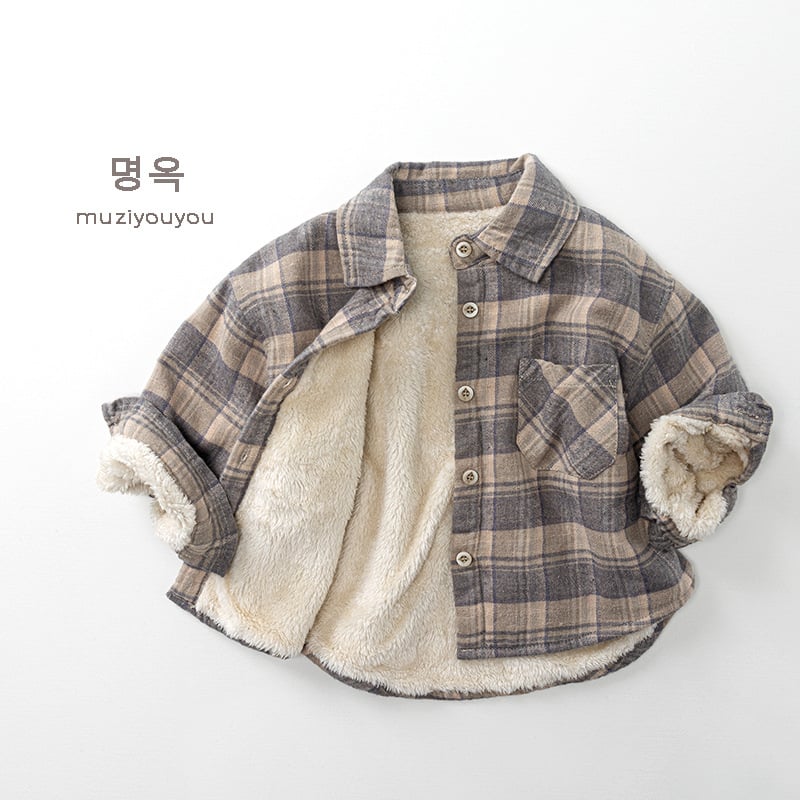 Dječja karijasta košulja s fleece podstavom, unisex, 100% pamuk, dugi rukav, ovratnik s klopom, korejski stil, uzrast 3–8 godina