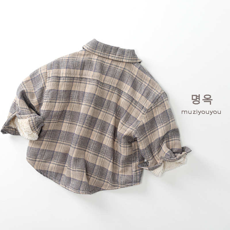 Dječja karijasta košulja s fleece podstavom, unisex, 100% pamuk, dugi rukav, ovratnik s klopom, korejski stil, uzrast 3–8 godina