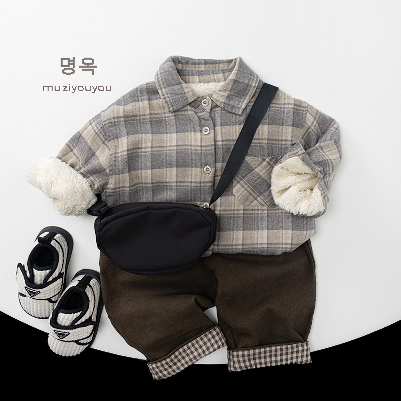 Dječja karijasta košulja s fleece podstavom, unisex, 100% pamuk, dugi rukav, ovratnik s klopom, korejski stil, uzrast 3–8 godina