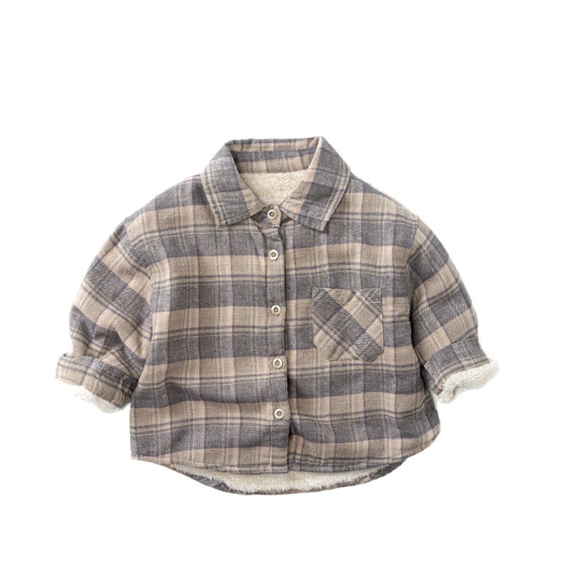 Dječja karijasta košulja s fleece podstavom, unisex, 100% pamuk, dugi rukav, ovratnik s klopom, korejski stil, uzrast 3–8 godina