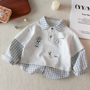 Cămașă pentru copii, stil coreean, mâneci lungi, guler rever, imprimeu desene animate