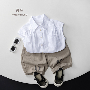Dječja pamučna majica bez rukava, unisex, korejski stil, ovratnik tipa lapel, ljeto 2025