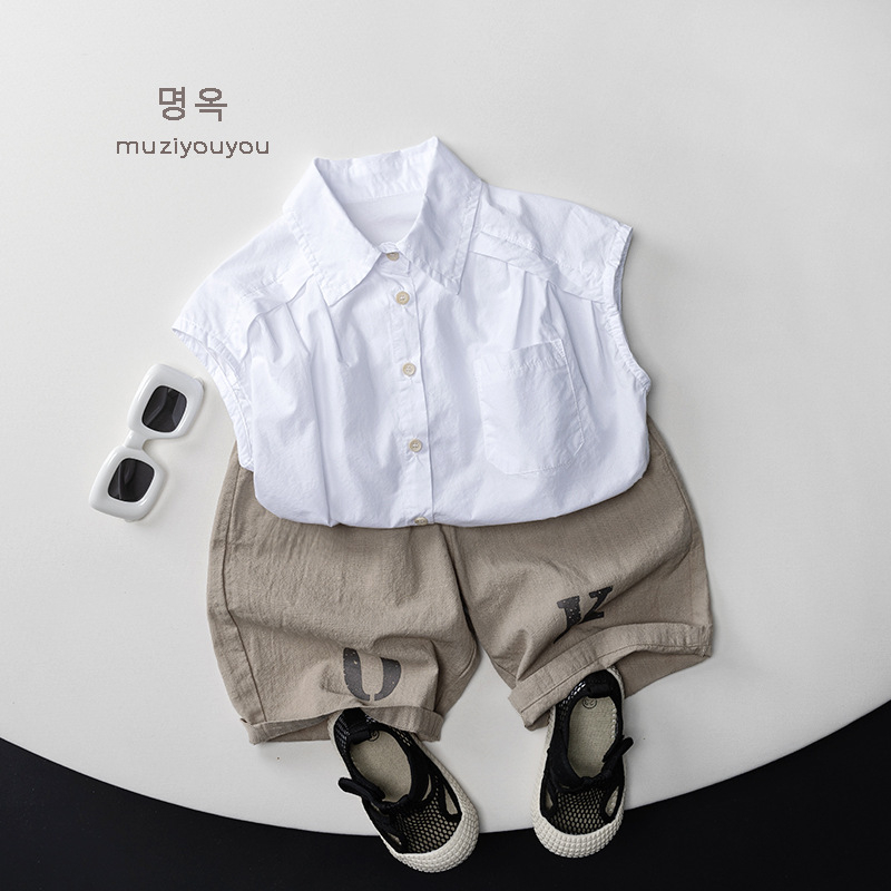 Dječja pamučna majica bez rukava, unisex, korejski stil, ovratnik tipa lapel, ljeto 2025