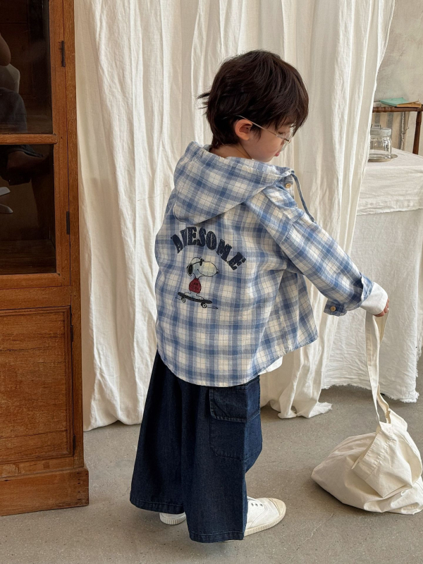 Dječja kapuljača jakna s kariranim printom i crtanim motivom, korejski stil, unisex, jesen, za djecu 3–8 godina