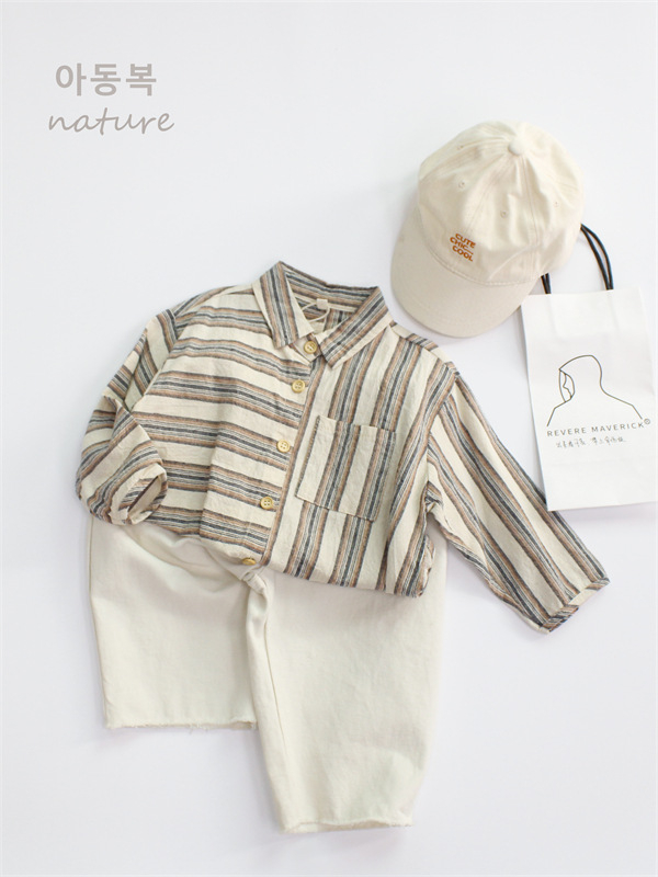 Cămașă pentru copii, stil coreean, guler rever, cu dungă, bumbac 95%, mâneci lungi, pentru copii 3-8 ani